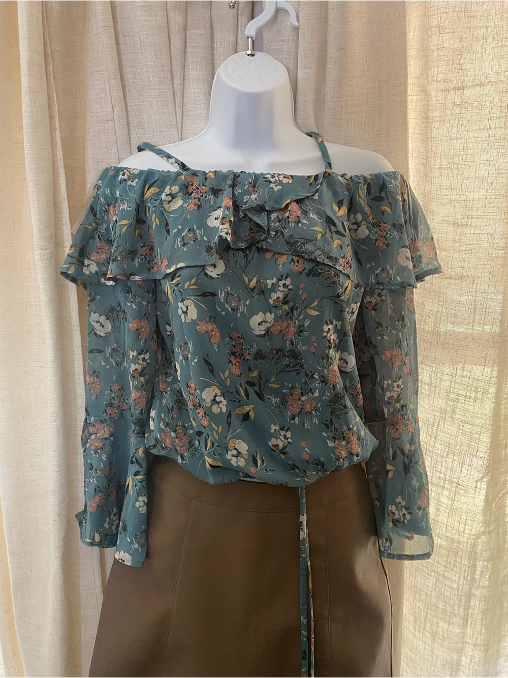 Iz Byer Teal Floral Off-Shoulder Ruffle Blouse